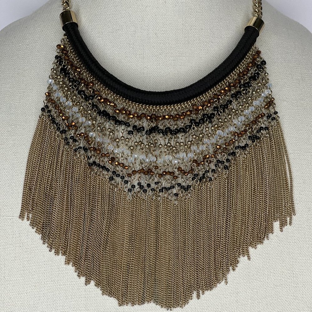 Guess Gold Tone & Multi-color Beaded Fringe Bib Necklace